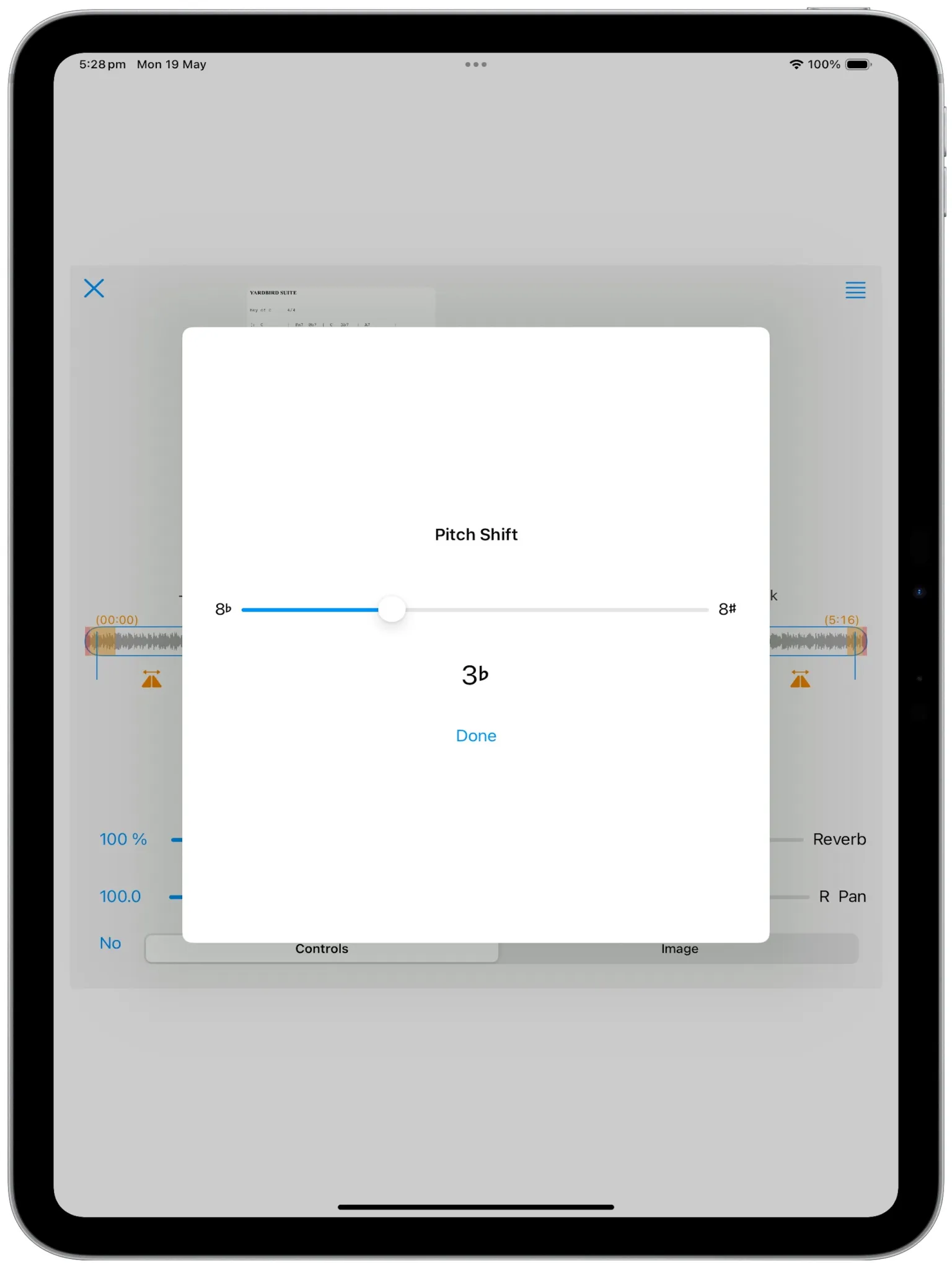 iPad portrait setting of the pitch shift, to change the musical key