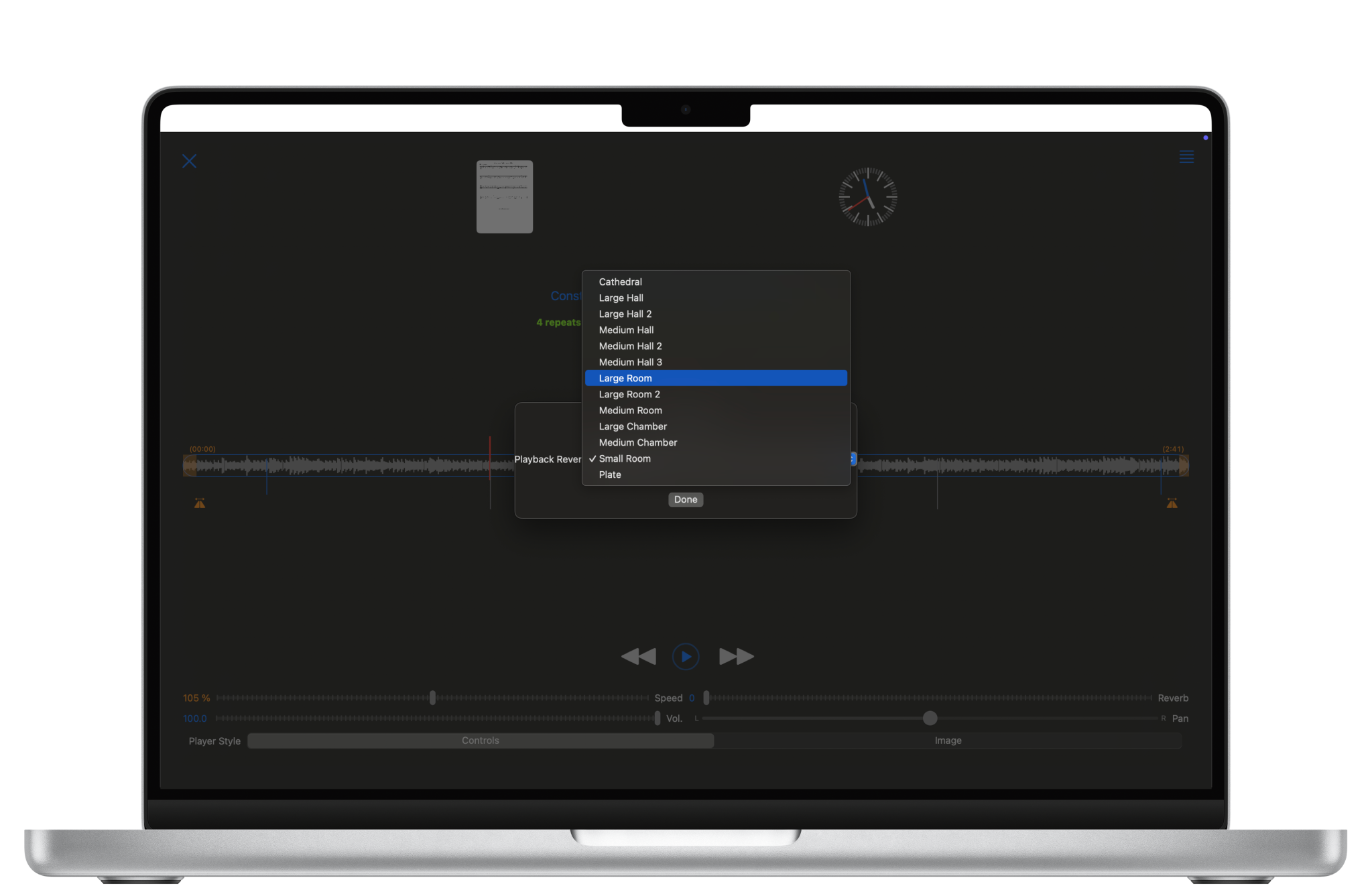 Mac app setlist player, configuring the reverb space.